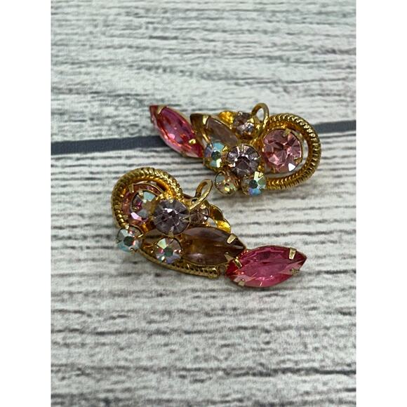 Vintage Pink Aurora‎ Borealis Rhinestone Gold Tone Cluster Clip-On Earrings 3.5" - Picture 5 of 9